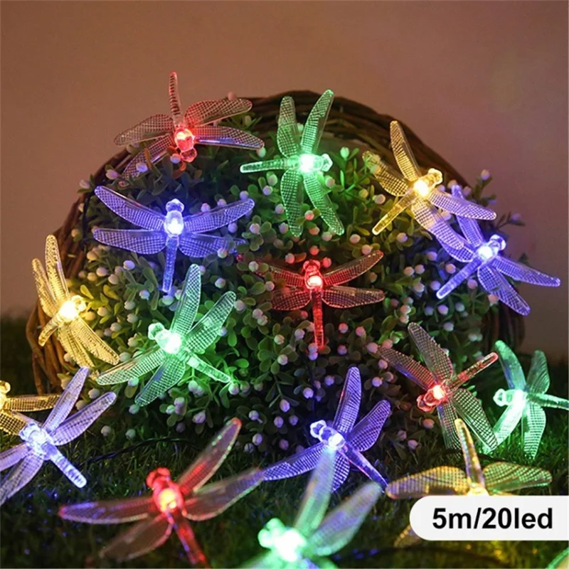 Dragonfly Solar String Lights Waterproof Fairy Lights Gift for Patio Homes Gardens - Colorful / 5m 20 Lights / 8 Modes