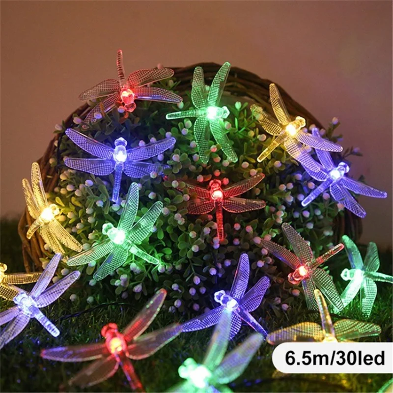 Dragonfly Solar String Lights Waterproof Fairy Lights Gift for Patio Homes Gardens - Colorful / 6.5m 30 Lights / 8 Modes