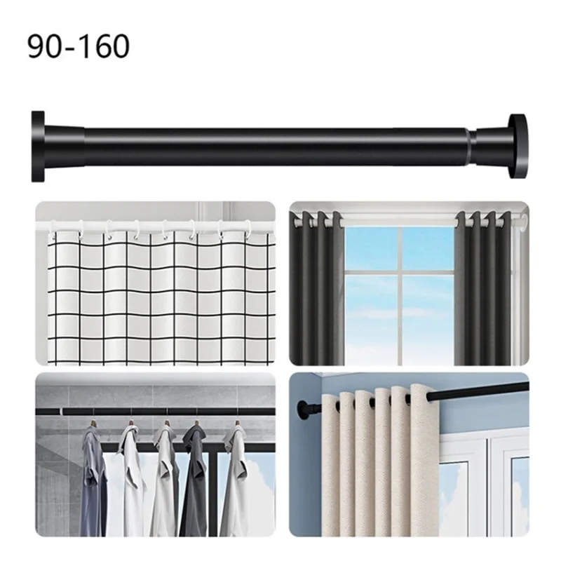 Adjustable Anti-dust Multi-functional Shower Curtain Rod Windows Curtain Rods for Kitchen Bathroom Cupboard Wardrobe - Black / 90cm-160cm Telescopic