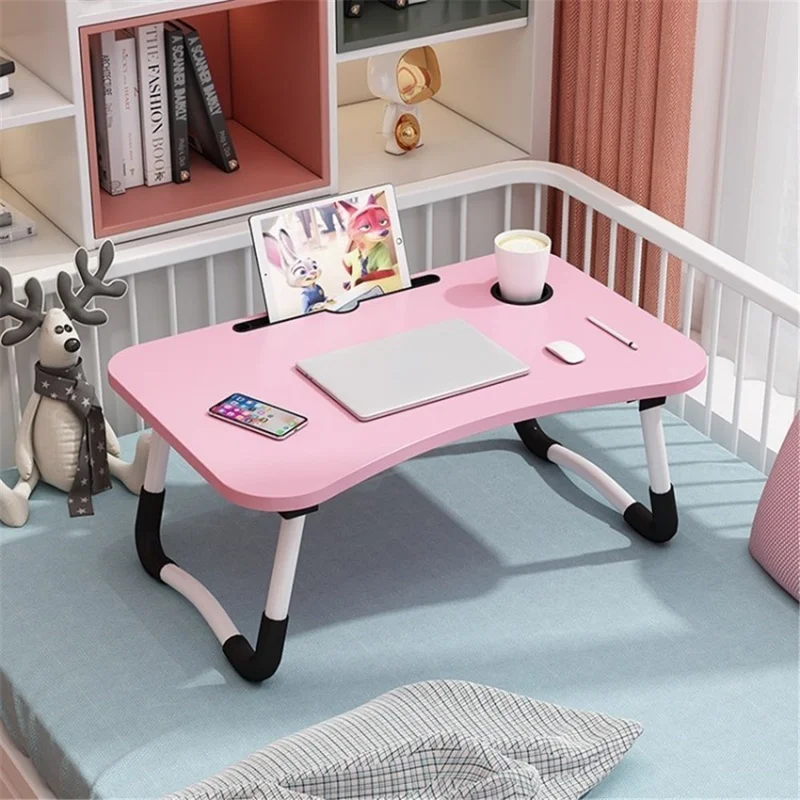 Multifunctional Foldable Laptop Desk Folding Breakfast Tray Portable Lap Standing Desk with Cup Holder, Size: 60x40x28cm - Pink