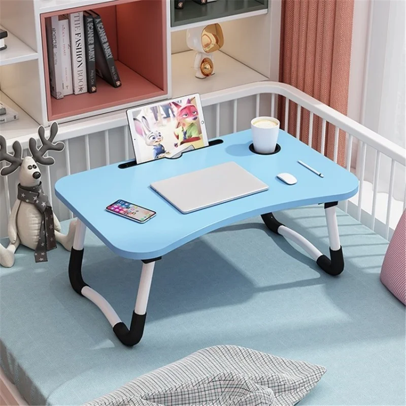 Multifunctional Foldable Laptop Desk Folding Breakfast Tray Portable Lap Standing Desk with Cup Holder, Size: 60x40x28cm - Blue