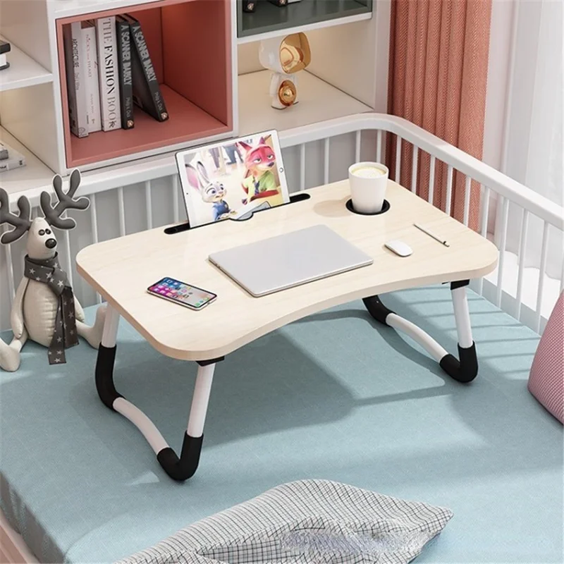 Multifunctional Foldable Laptop Desk Folding Breakfast Tray Portable Lap Standing Desk with Cup Holder, Size: 60x40x28cm - Maple