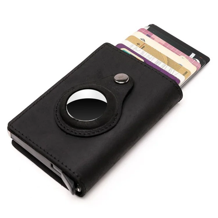 For AirTag Credit Card Cash Holder Genuine Cow Leather Card Bag - Black
