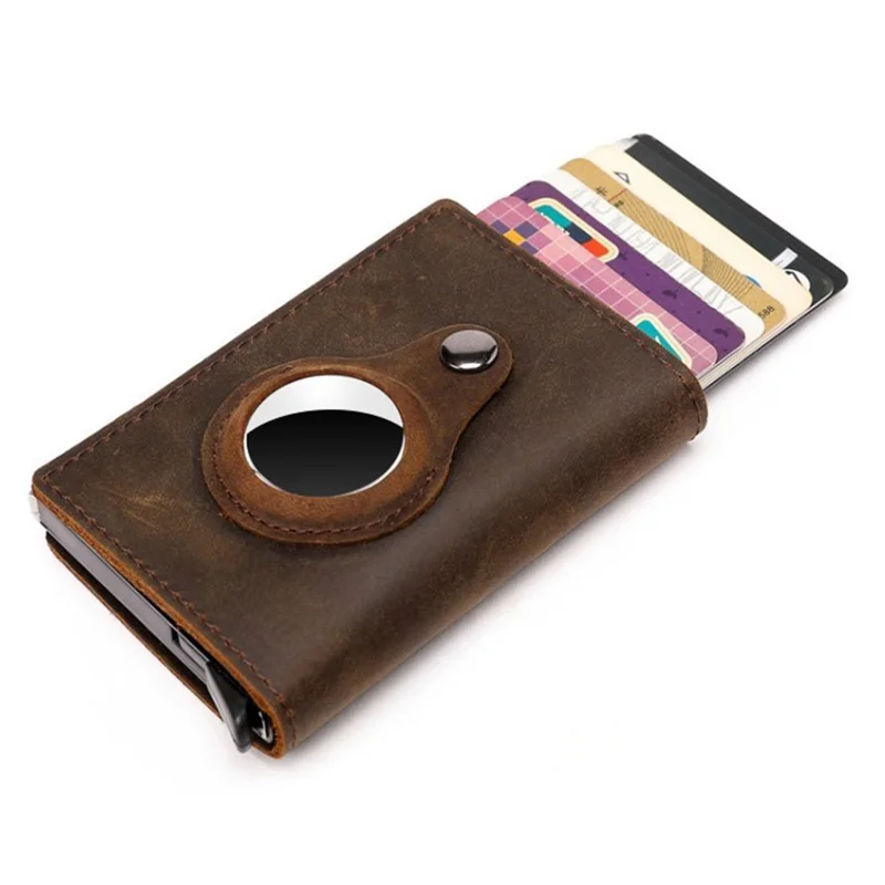 For AirTag Credit Card Cash Holder Genuine Cow Leather Card Bag - Brown