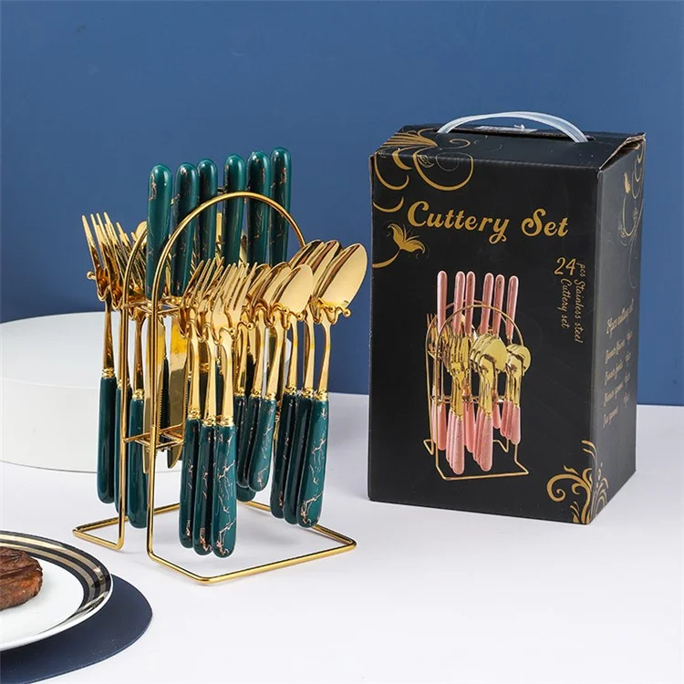 24pcs Keramik -tabellengeschirr Set Fork Steak Messer Löffel Utensilien Plattengeschirr -geschirr -kit (kein FDA -zertifikat) - Grün / Goldkante