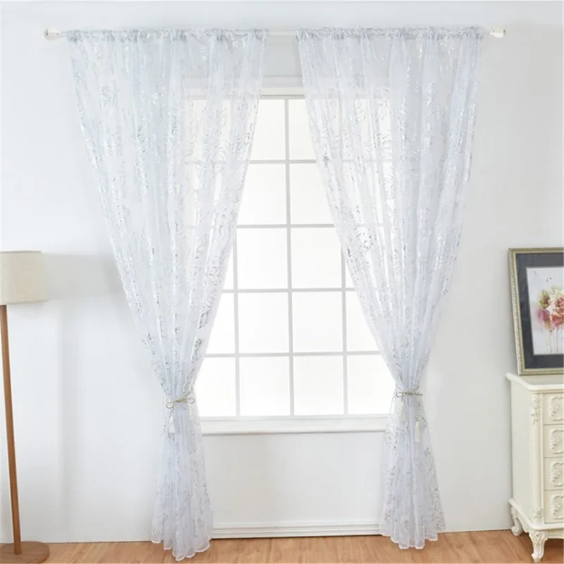 Window Sheer 100x200cm Elegant Feather Curtain Rod Pocket Panel for Living Room Home Decor - Silver