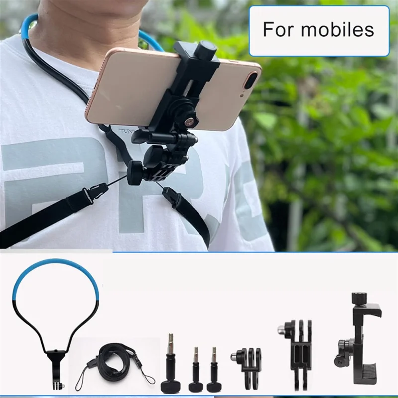 TUYU Smart Mobile Phone Stand Hanging on Neck Phone Mount Camera Holder for Gopro Sports Camera - Blue Stand + Phone Clip