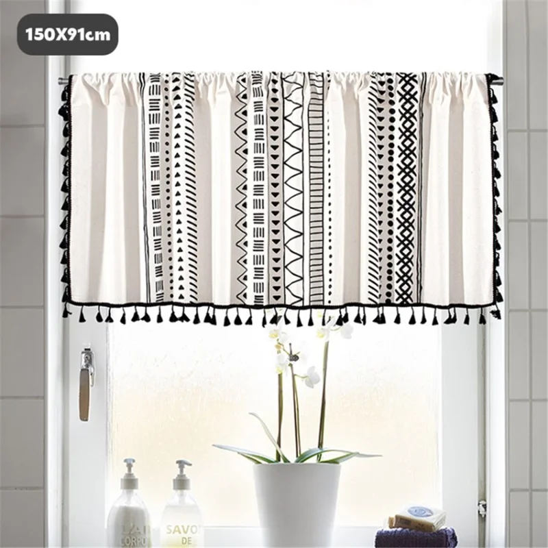 YMQY Kitchen Curtain Bathroom Tier Curtain Window Short Small Cafe Curtain Through the Rod - Geometric / 150x91cm