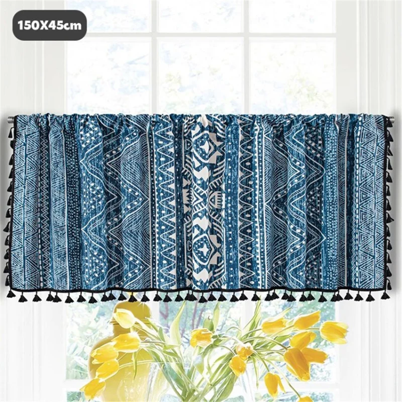 YMQY Kitchen Curtain Bathroom Tier Curtain Window Short Small Cafe Curtain Through the Rod - Blue Geometric / 150x45cm
