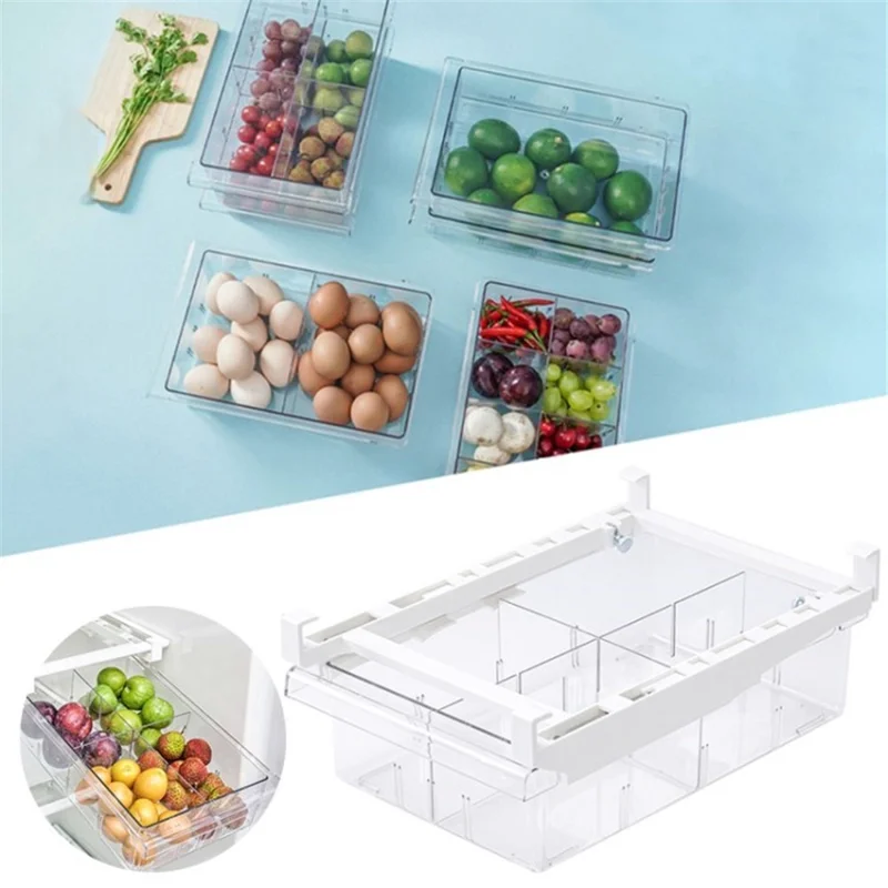 Refrigerator Organizer Bin Pull-out Fridge Drawer Organizer Clear Storage Basket for Fridge Freezer Cabinets Pantry (BPA-Free, NO FDA Certificate) - 4 Grids