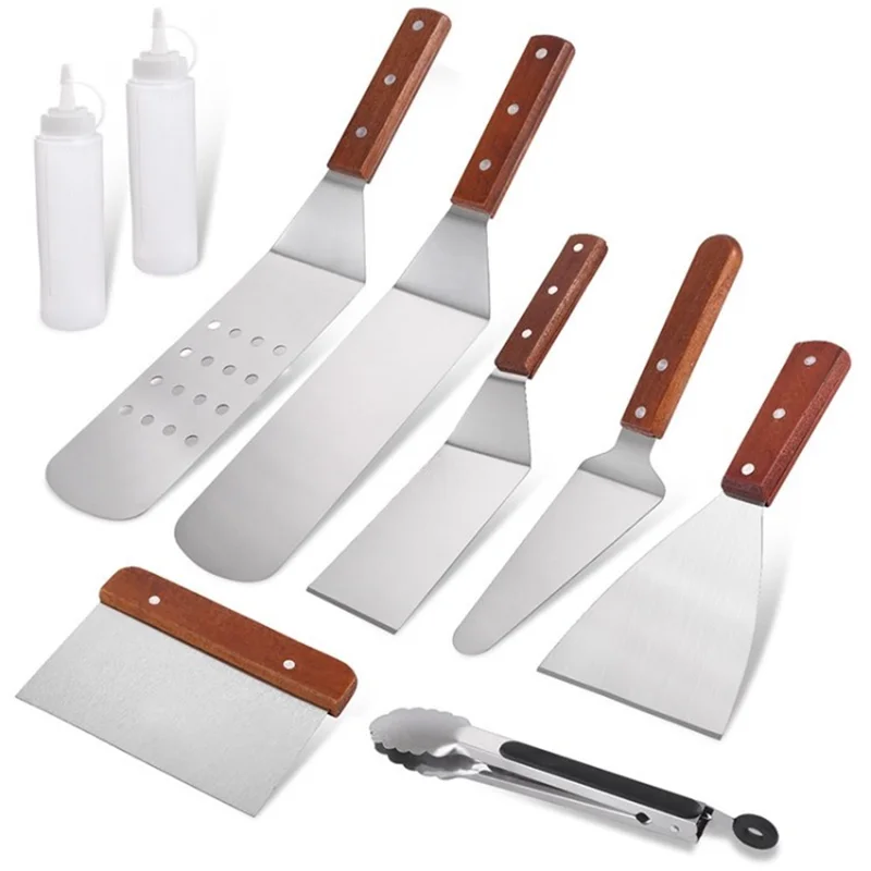 BBQ Spatula Set Griddle Scraper Pancake Flipper Hamburger Turner Tongs Barbecue Tools (NO FDA Certificate) - 9-in-1 Set
