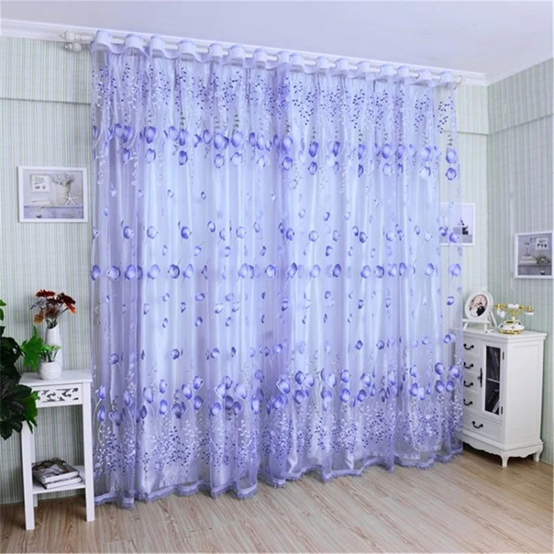 Transparent Tulip Flower Sheer Curtain 100x200cm Drapes Decorative Window Screen Panel for Bedroom Living Room - Purple
