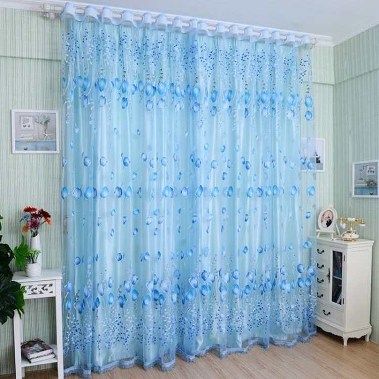 Transparent Tulip Flower Sheer Curtain 100x200cm Drapes Decorative Window Screen Panel for Bedroom Living Room - Blue