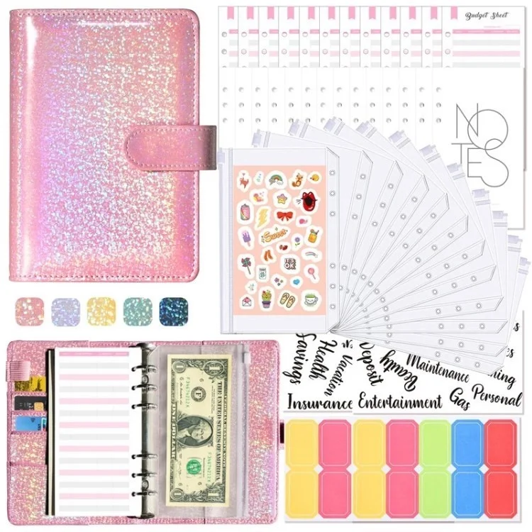 Cubierta de Carpeta A6 Con Zipper Pocker PU Leather Notebook Binder Cash Presupuesto Sobre - Rosado