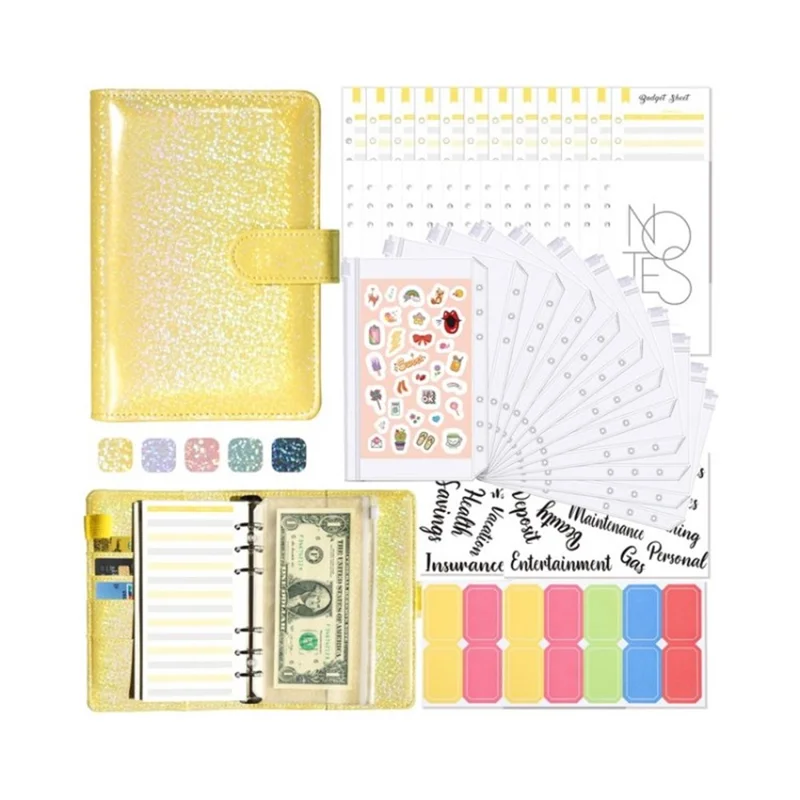 A6 Binder Cover with Zipper Pocker PU Leather Notebook Binder Cash Budget Envelope - Yellow