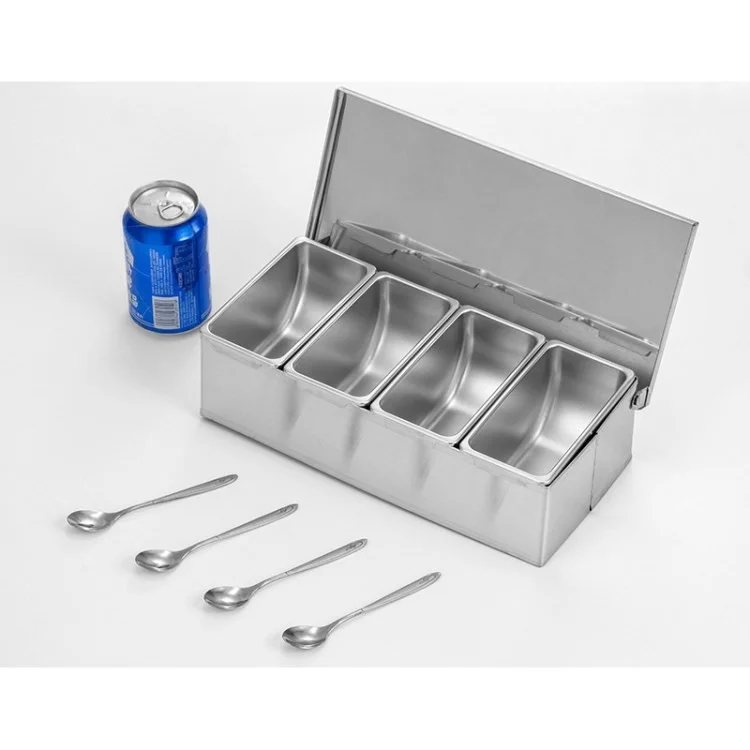 Stainless Steel Seasoning Box Household Storage Container Condiment Box Condiment Jar with Lid (NO FDA Certificate) - 4-Grid