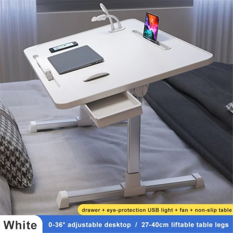 Bedroom Study Table Adjustable Laptop Desk Foldable Gaming Computer Bed Table - Warm White+Drawer+USB