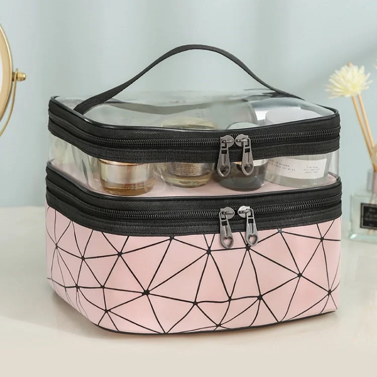 Portable Cosmetic Makeup Bag Dual-layer Large Capacity Travel Makeup Case Organizer - Pink