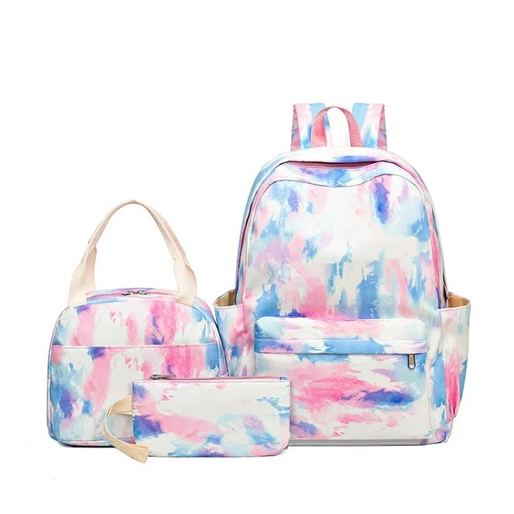 3Pcs / Set High Capacity Backpack Tie-dyed Kids School Bookbag Lunch Bag Pencil Case Bag - White