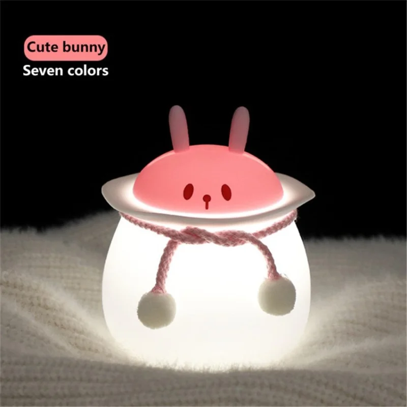 Cute Bunny Night Light USB Rechargeable 1200mAh Bedroom Lamp Voice-activated Silicone Light - Pink