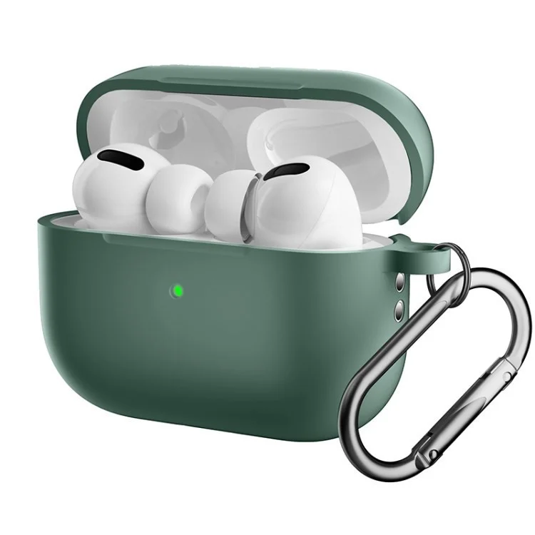 For Apple AirPods Pro 2 Earphone Box Protective Anti-drop Cover Bluetooth Earbuds Silicone Case with Anti-lost Buckle - Dark Green