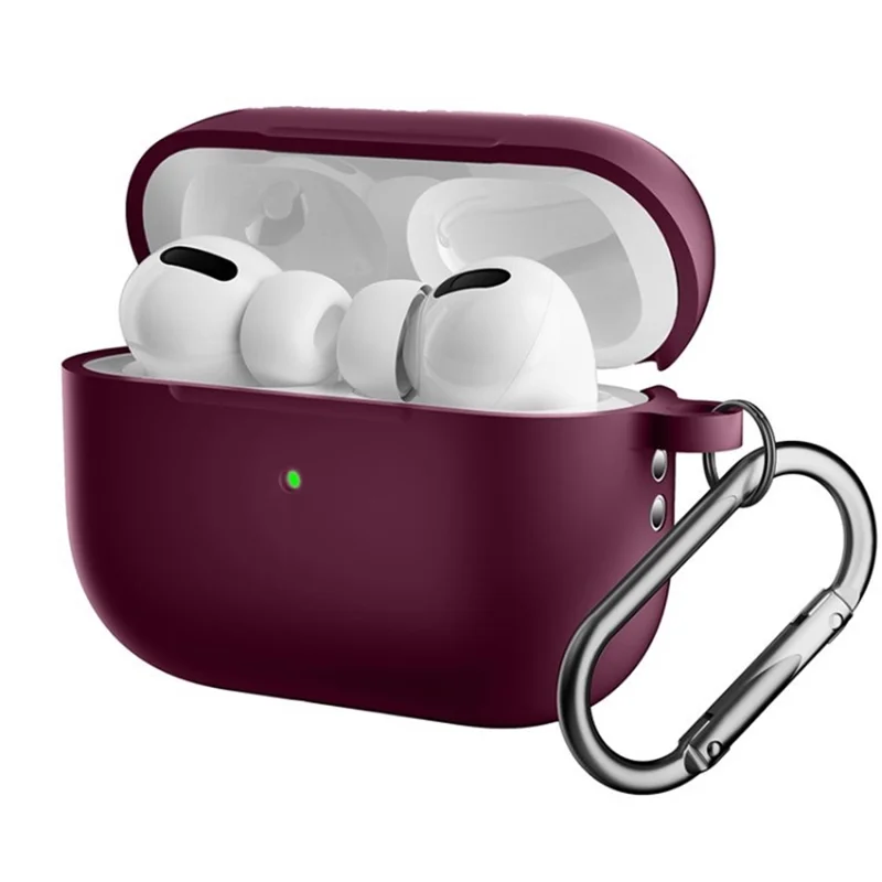 Para Apple AirPods Pro 2 Encontro de Fones de Ouvido Protetor Anti-drop Capa Bluetooth Earbuds Case de Silicone Com Fivela Anti-perdida - Vinho Vermelho