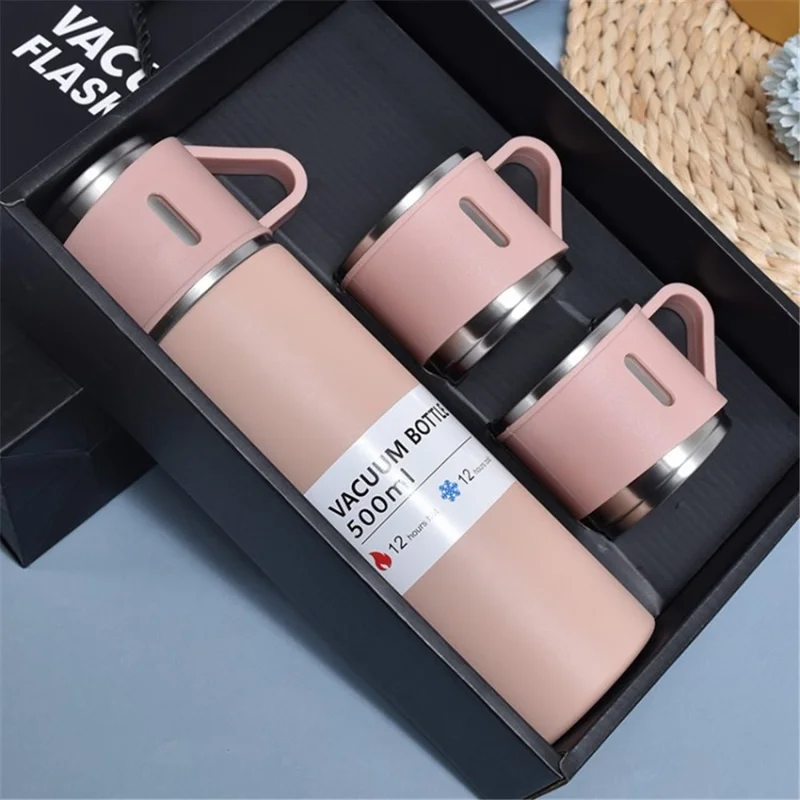 500ml 304 Stainless Steel Vacuum Insulated Bottle Water Cup with 3 Lid Cover for Coffee Hot (without FDA Certificate) - Pink