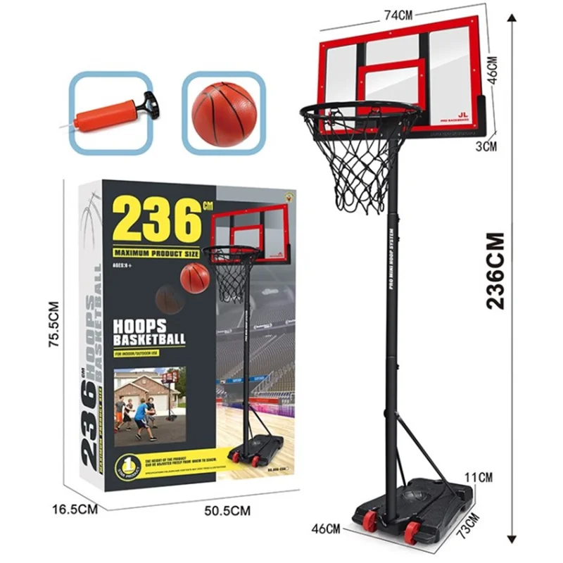 Porta Basket Mobile Portatile Altezza Regolabile Basket Shooting Gol Goal Per Bambini Adulti - 2,36 m di Rosso