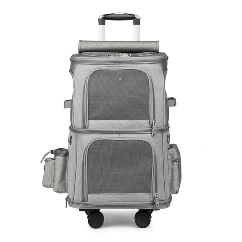 Double-layer Flodable Pet Trolley Bag Portable Outdoor Pull Rod Breathable Dog Cat Pet Carrier Bag - Grey