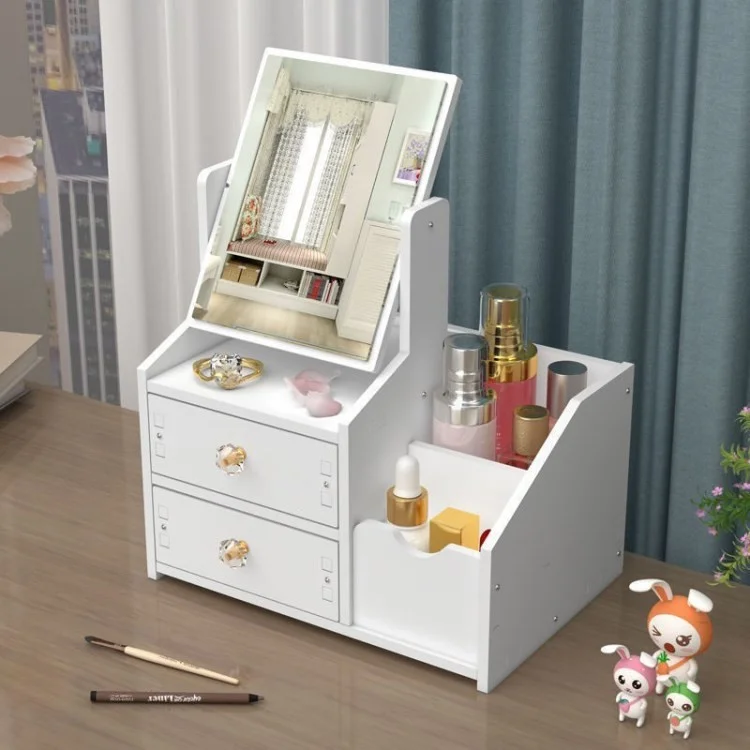 Desktop Makeup Organizer Cosmetic Storage Box Rack Display Case with Makeup Mirror Drawer - Size: S / Square