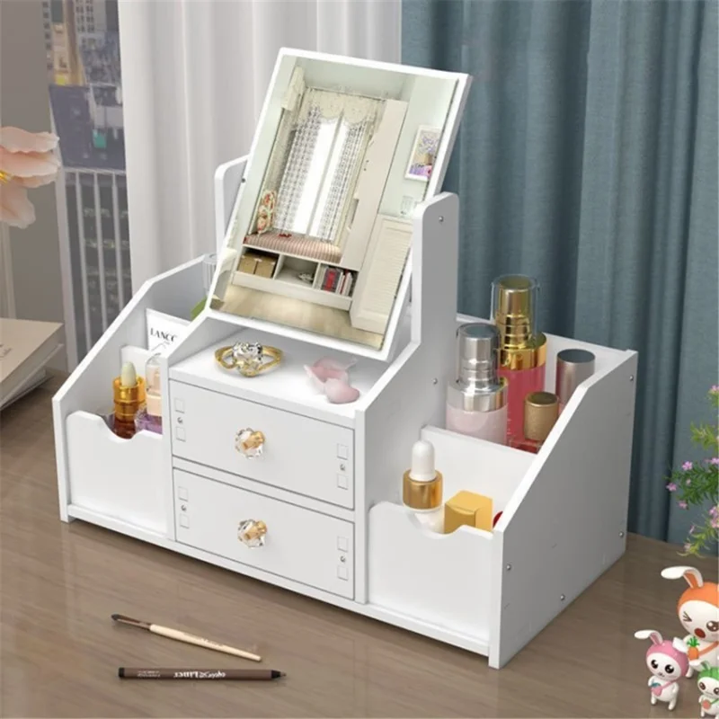 Desktop Makeup Organizer Cosmetic Storage Box Rack Display Case with Makeup Mirror Drawer - Size: L / Square