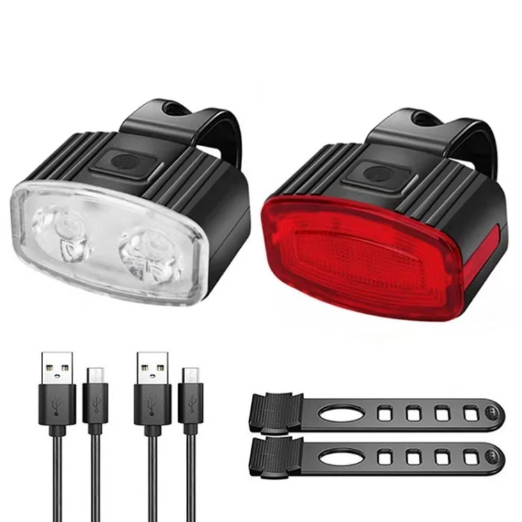 2Pcs USB Rechargeable Bike Light Set Front Rear LED Bike Light USB Headlight Bicycle Tail Light - Red+White Set