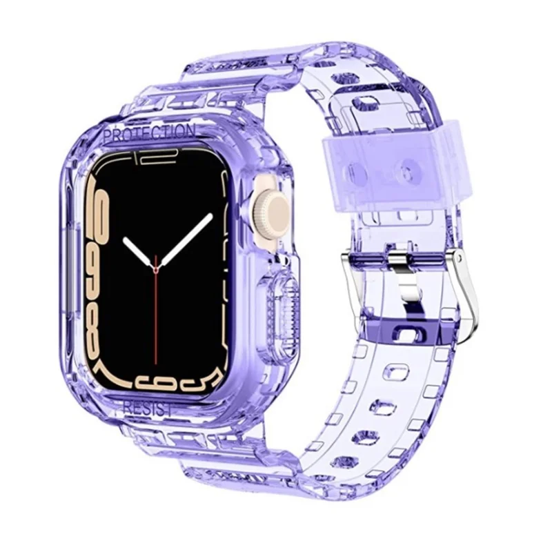 For Apple Watch Series 11 10 42mm / 9 8 7 41mm / SE3 SE2 SE 6 5 4 40mm / 3 2 1 38mm Soft TPU Sport Watch Band Wrist Strap with Protective Bumper Cover - Transparent Purple