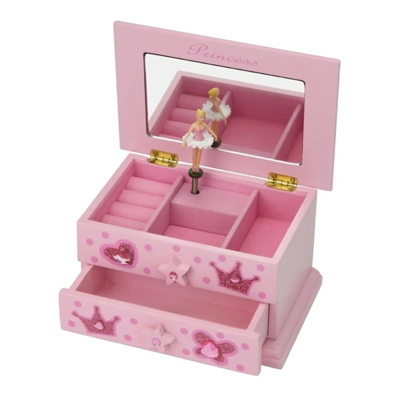 Musical Jewelry Box Cute Wind-up Music Jewelry Organizer Girl Storage Box with Pullout Drawer