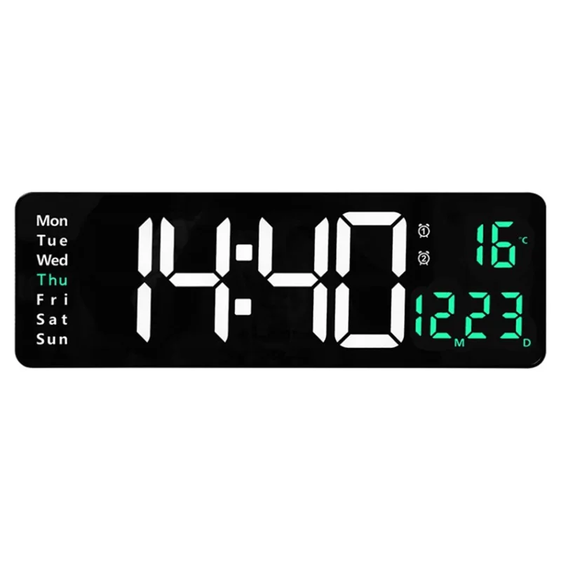 16inch Large Digital Display Wall Clock Remote Control LED Electronic Clocks with Alarms, Countdown Timer & Temp - Green