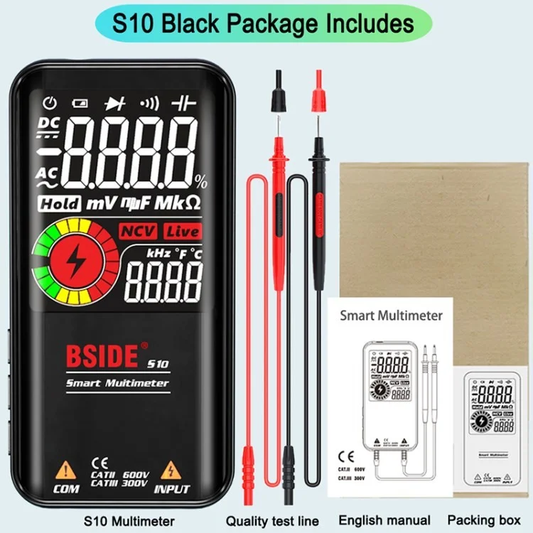 Bsde Digital Multímetro 9999 Conde Range Automotor Ohmeter Smart DC ca ca Diodo de Resistência ao Capacitor de Tensão NCV hz Detector - S10 / Preto