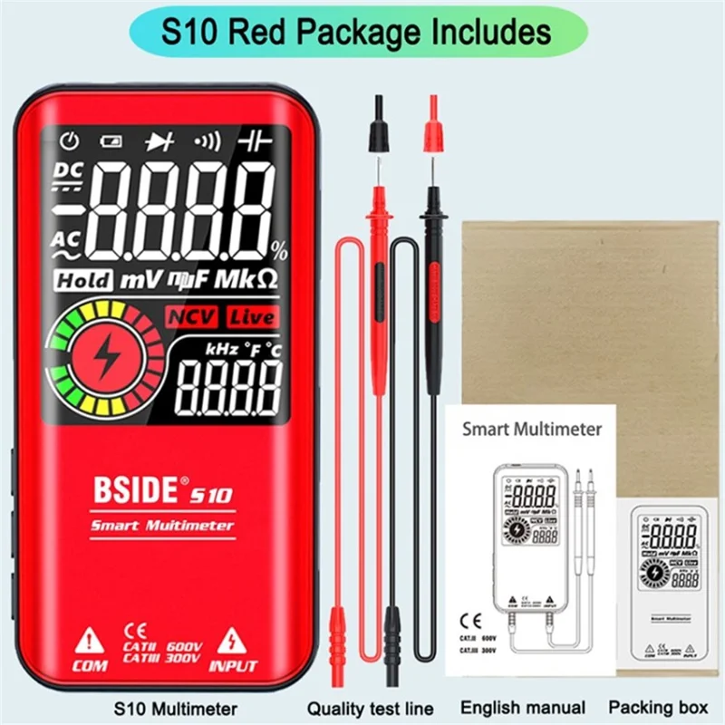 BSIDE Digital Multimeter 9999 Counts Auto Range Ohmmeter Smart DC AC Voltage Capacitor Resistance Diode NCV Hz Tester Detector - S10 / Red