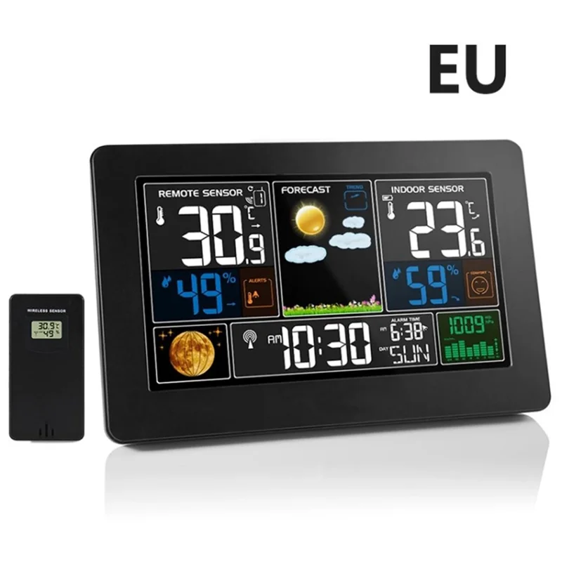 3378B Large Display Digital Clock Weather Station Wireless Indoor Outdoor Thermometer with Remote Sensor - Black / EU Plug