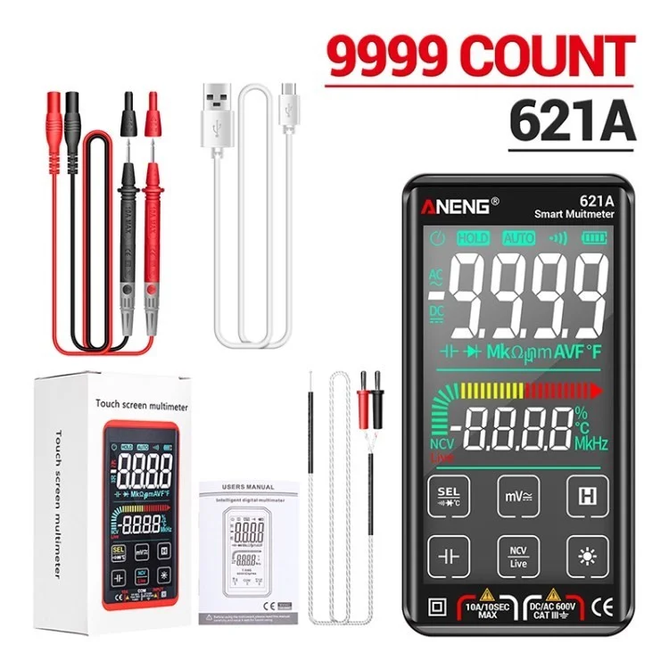 Aneng 621a Цифровой Мультиметровый Интеллект 9999 Counts Auto Range NCV Meter Rechargable Tester - Черный / Стандартная Версия