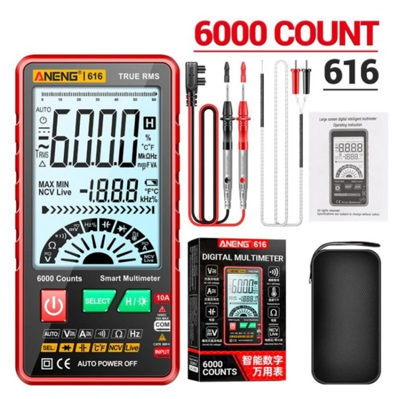 ANENG 616 Digital Multimeter 6000 Counts DC AC Voltage Current Tester Meter - 6000 Counts DC AC Voltage Current Tester Meter - Red