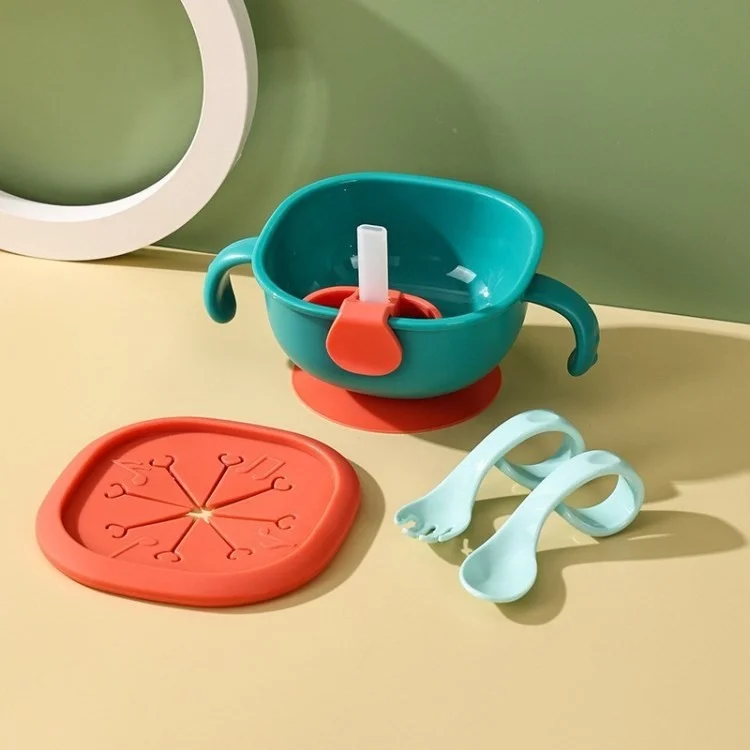 Silicone Baby Feeding Set Suction Divided Bowls Straw Lid Spoon Fork Baby Tableware Set (BPA-Free, NO FDA Certificate) - Green