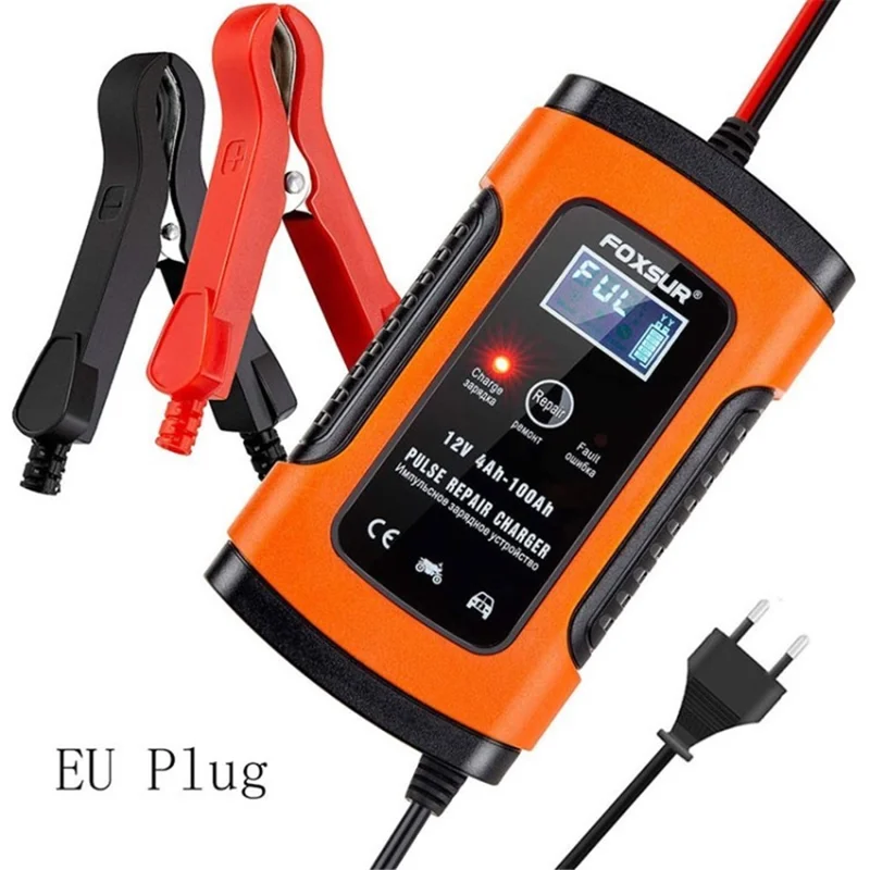 FOXSUR Universal 5A 12V Smart Battery Charger Motorcycle Car Battery Pulse Repair Charger - Red / EU Plug