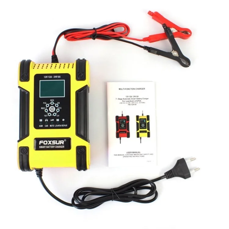 FOXSUR 12V 24V 12A Car Battery Charger 7-Stage Smart Lead-Acid Battery Charger Pulse Repair Maintainer - Yellow / EU Plug