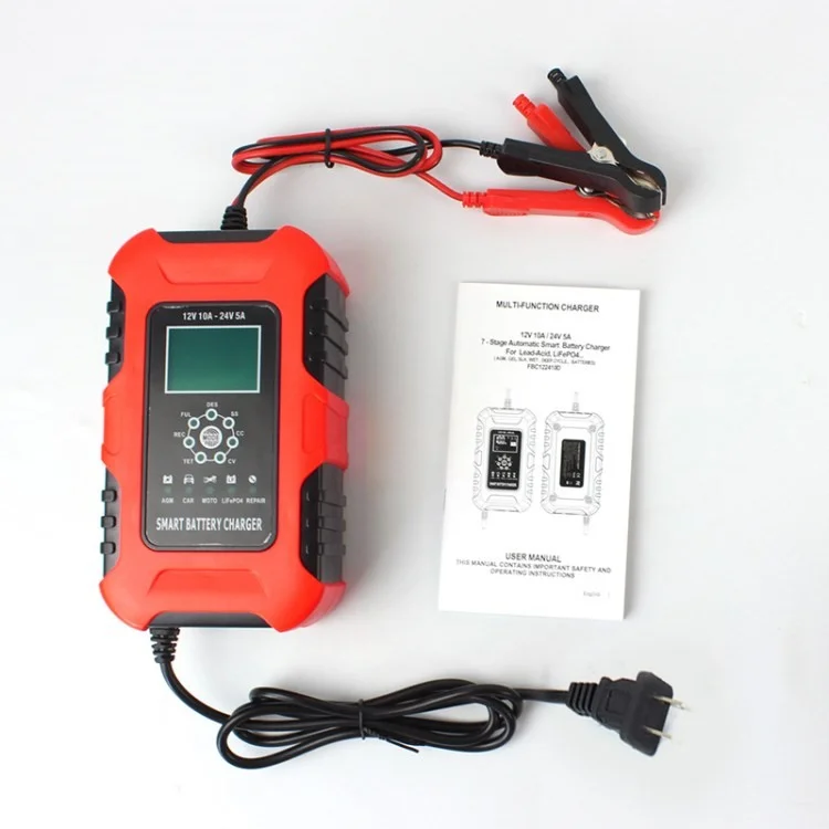 Chargeur de Batterie de Voiture Foxsur 12V / 10A 24V / Chargeur de Batterie Lifepo4 du Chargeur Intelligent 5A AGM Age Lifepo4 - Rouge / Plug