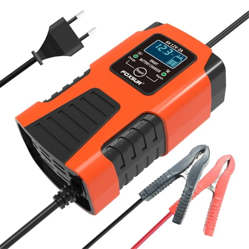 FOXSUR 6V / 12V 2A Car Motorcycle Battery Charger Battery Maintainer 3-Stage Smart Automatic Pulse Repair Charger - Red / EU Plug