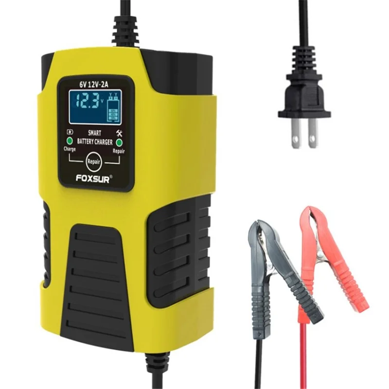 FOXSUR 6V / 12V 2A Car Motorcycle Battery Charger Battery Maintainer 3-Stage Smart Automatic Pulse Repair Charger - Yellow / US Plug