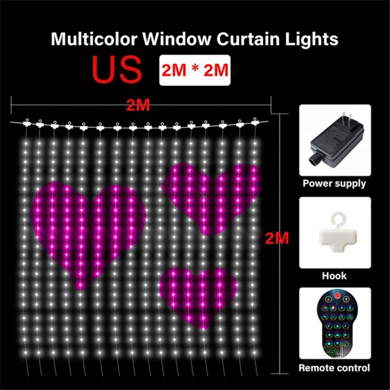 HCL-001 LED Curtain Lights Color Changing Smart RGB Window String Lights App Controlled DIY Curtain Light Christmas Holiday Decor - 2x2m / US Plug