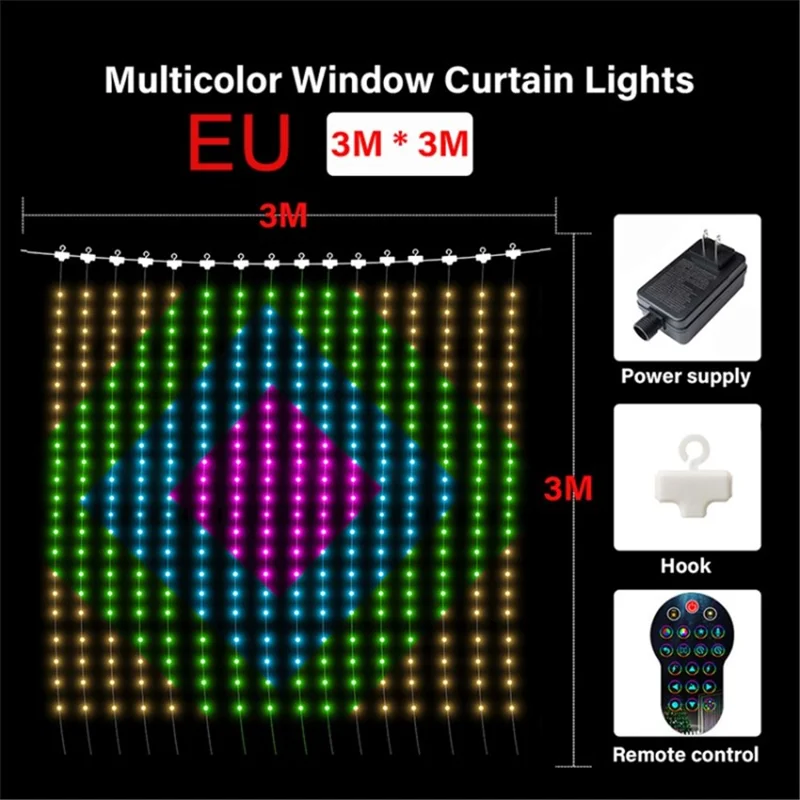 HCL-001 LED Curtain Lights Color Changing Smart RGB Window String Lights App Controlled DIY Curtain Light Christmas Holiday Decor - 3x3m / EU Plug