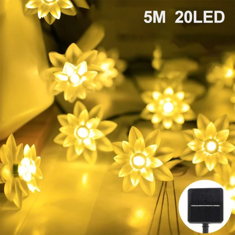 Solar Powered Fairy Lights LED Lotus Flower String Lights Holiday Garden Decorative Lighting for Patio Yard Tree Home - Warm White / 5m 20-LED