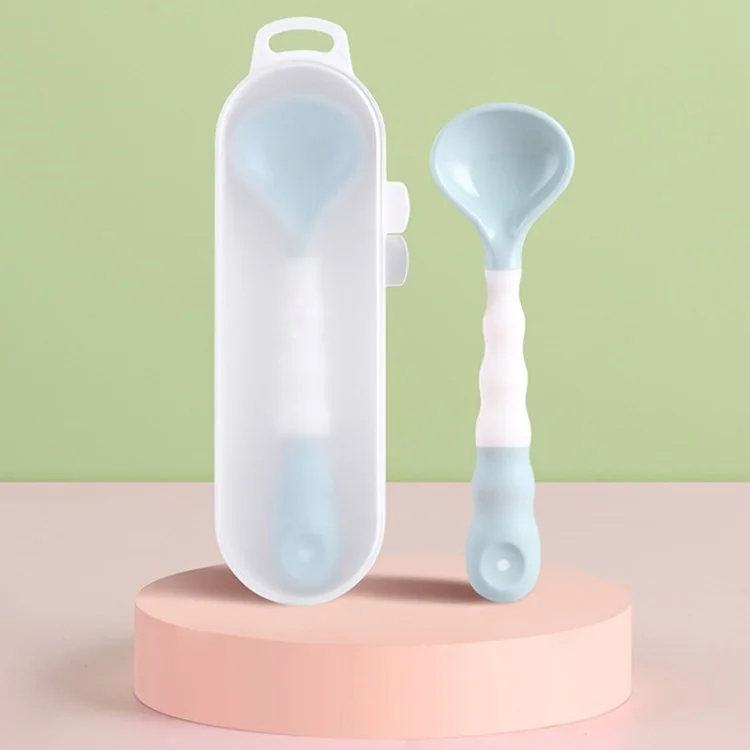 Baby Feeding Training Spoon Toddler Self-Feeding Learning Tableware Ergonomic Design Utensils with Travel Safe Case (BPA-Free, without FDA Certification)- Blue